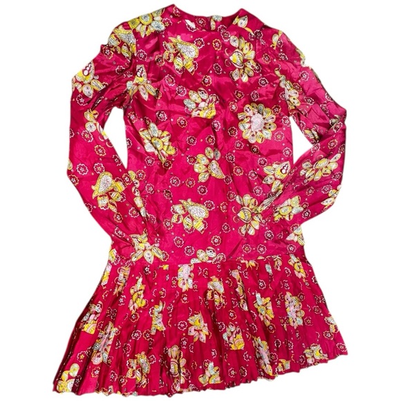Vintage L’Aiglon Hot Pink Novelty‎ Print Pleated Drop Waist Dress | Size 14 - Picture 1 of 6